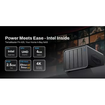 Prie tinklo jungiama saugykla TERRAMASTER F4-425 NAS su Intel Celeron N5095 keturių branduolių 2 GHz procesoriumi, 4 GB DDR4 atminties