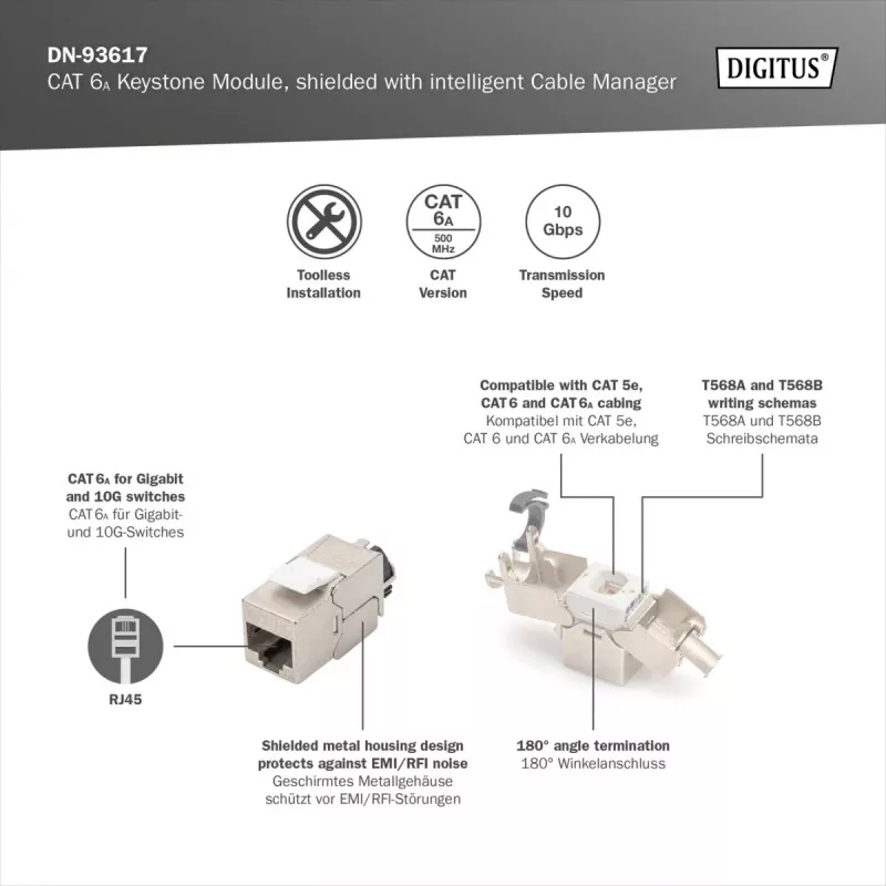 Digitus CAT 6A Keystone modulis, ekranuotas su išmaniuoju kabelių tvarkytuvu