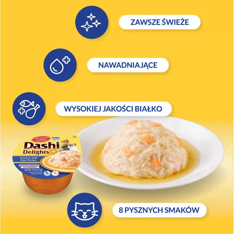 Kačių skanėstas INABA Dashi Delights Vištienos ir Tuno sultinys, 70 g pakuotė, be grūdų, be glitimo, be sojų