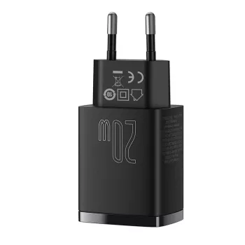 Vidinis USB greitasis įkroviklis Baseus CCXJ-B01 – 2 prievadai (USB-C PD 20W + USB-A QC3.0 18W), 100–240 V, juodas