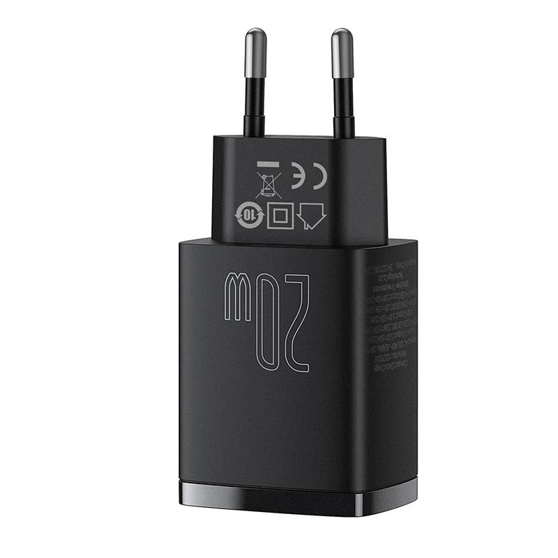 Vidinis USB greitasis įkroviklis Baseus CCXJ-B01 – 2 prievadai (USB-C PD 20W + USB-A QC3.0 18W), 100–240 V, juodas