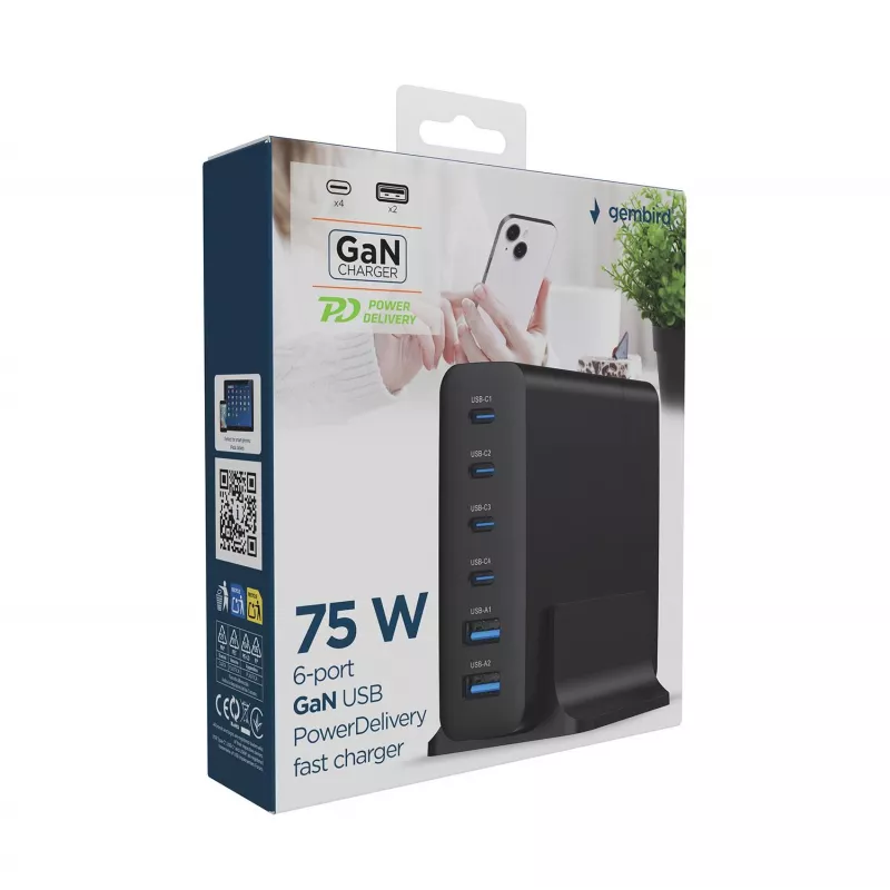GEMBIRD mobiliojo prietaiso įkroviklis TA-UC-2A4C-PD75-01-BK — 75 W, 4× USB-C + 2× USB-A, PD ir QC3.0, 6 įrenginių vienu metu įkrovimas, 1,5 m laidas, juodas