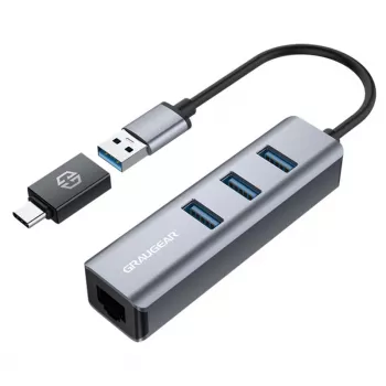 GRAUGEAR USB šakotuvas G-HUB31L-A — USB 3.2 Gen 1 Type-A priegloba, 3x USB 3.2 Gen 1 Type-A prievadai + RJ-45, 5000 Mbit/s