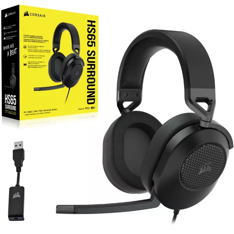 CORSAIR HS65 SURROUND laidinės žaidimų ausinės, supra-aural, 3,5 mm + USB adapteris, 32 Ω, 282 g, anglis