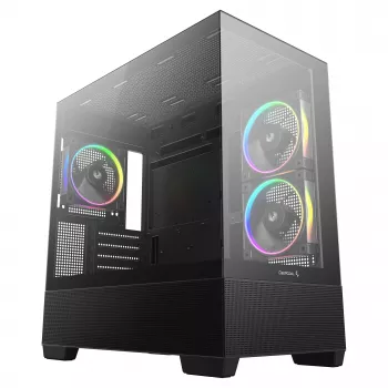 PC Midi Tower DeepCool CG380 3F — juoda, 235×437×451 mm, palaiko 2×120 mm šoninius + 1×120 mm galinį ventiliatorius, apatinis maitinimo blokas, 2,5 colio/3,5 colio HDD