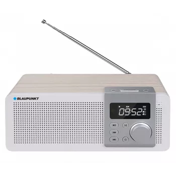 Nešiojamas radijo imtuvas BLAUPUNKT PP14BT su Bluetooth, MP3, MicroSD, USB ir žadintuvu — 6 W, baterija / kintamoji srovė, 230×118×90 mm