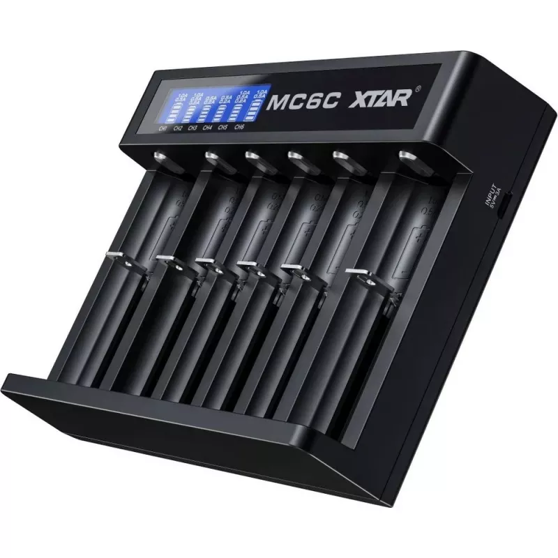 Baterijų įkroviklis XTAR MC6C kelių lizdų išmanusis įkroviklis cilindriniams ličio jonų akumuliatoriams, 6 lizdai, palaiko 18650/21700/AA, 5 V įvestis, juodas