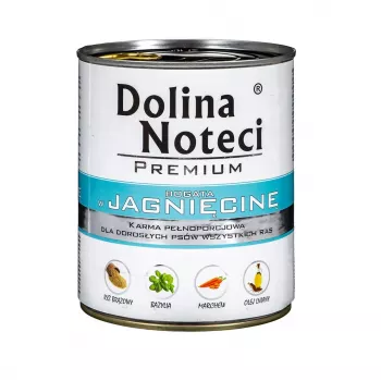 Šlapias šunų maistas Dolina Noteci Premium ėriena 800 g skardinė — be grūdų, suaugę šunys, baltymai 12%, drėgmė 77%