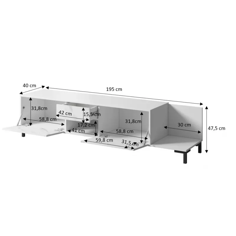 TV spintelė Cama Meble MARMO 2D1S1K, 195x40x47,5 cm, balta matinė/viršus marmuro baltumo