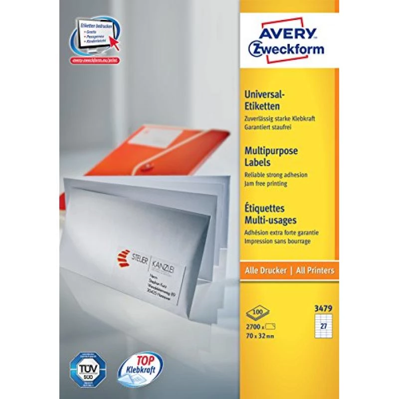 Avery-Zweckform 3479 etiketės baltos popierinės 70x32mm nuolatinis lipnus sluoksnis