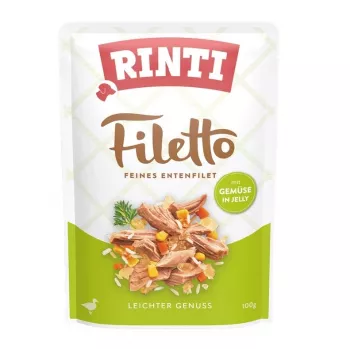 Šlapias šunų ėdalas RINTI Filetto Duck filė su daržovėmis 100 g paketėlis, visavertis pašaras, 15% baltymų, 1% riebalų, 81% drėgmės