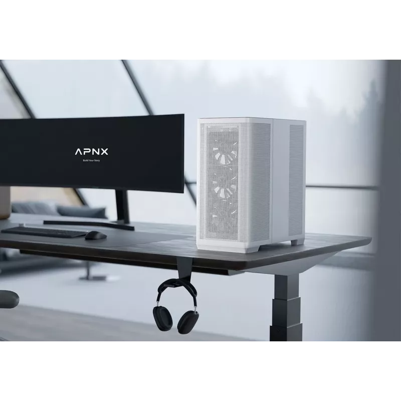 APNX PC Midi Tower C1-R-WT-v1 — Balta, palaiko ATX/Micro-ATX/Mini-ITX, sumontuoti 3x120 mm priekiniai ventiliatoriai, 3x3,5 colio + 3x2,5 colio lizdai, USB 3.2 Gen1 x2