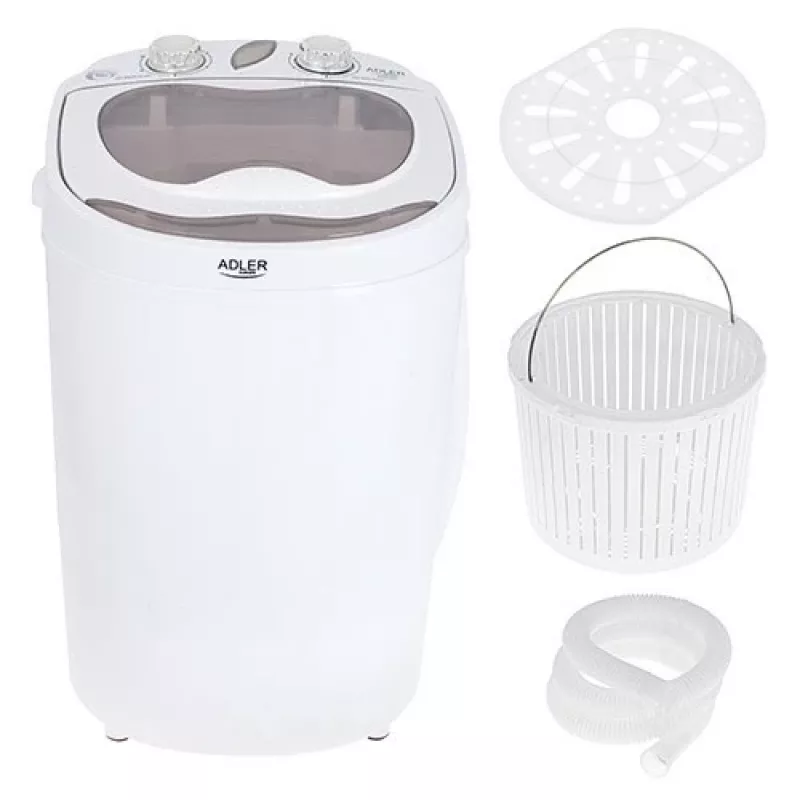 Viršutinio įkrovimo skalbimo mašina Adler AD 8055, nešiojama 3 kg talpa, kreminė, sukamoji valdymo rankenėlė, 150 W