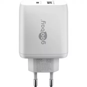 USB-C dviejų greitų įkroviklių, PD, GaN, 65 vatų (baltas, 1x USB-C, 1x USB-A, maitinimo tiekimas)
