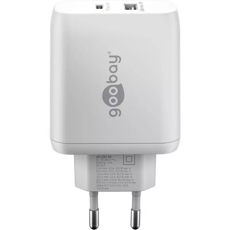 USB-C dviejų greitų įkroviklių, PD, GaN, 65 vatų (baltas, 1x USB-C, 1x USB-A, maitinimo tiekimas)