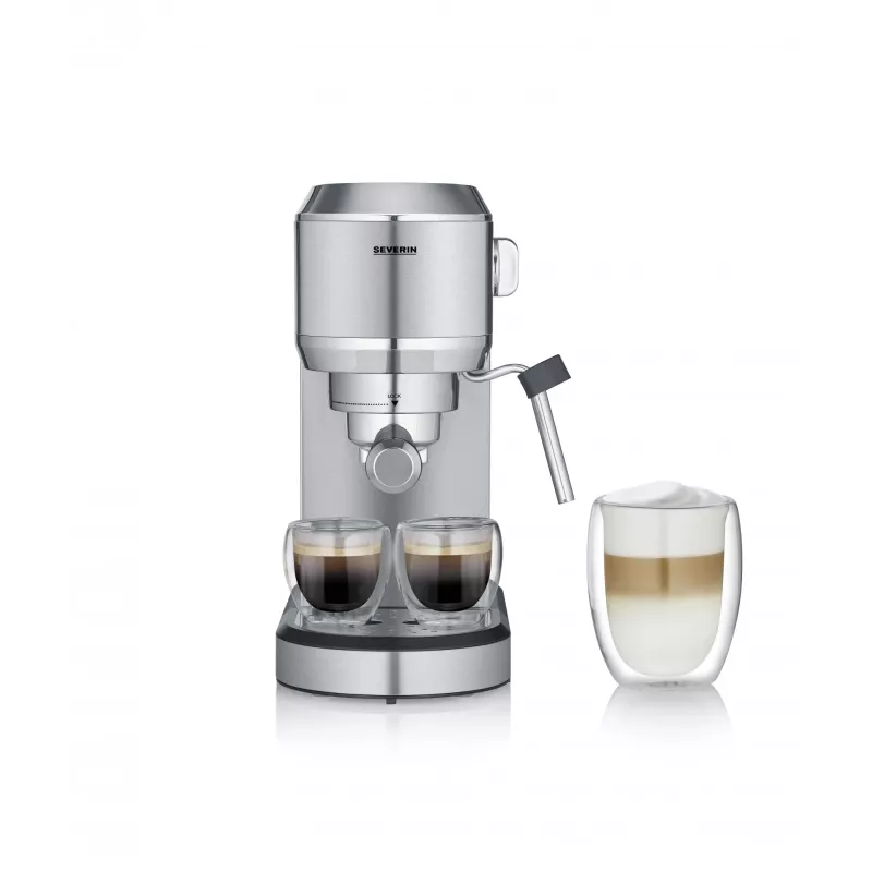 Espreso aparatas SEVERIN Newspresa KA 5997 — pusiau automatinis, 1 l vandens talpa, 1350 W, maltos kavos įpylimas, juoda/šlifuotas plienas/chromas