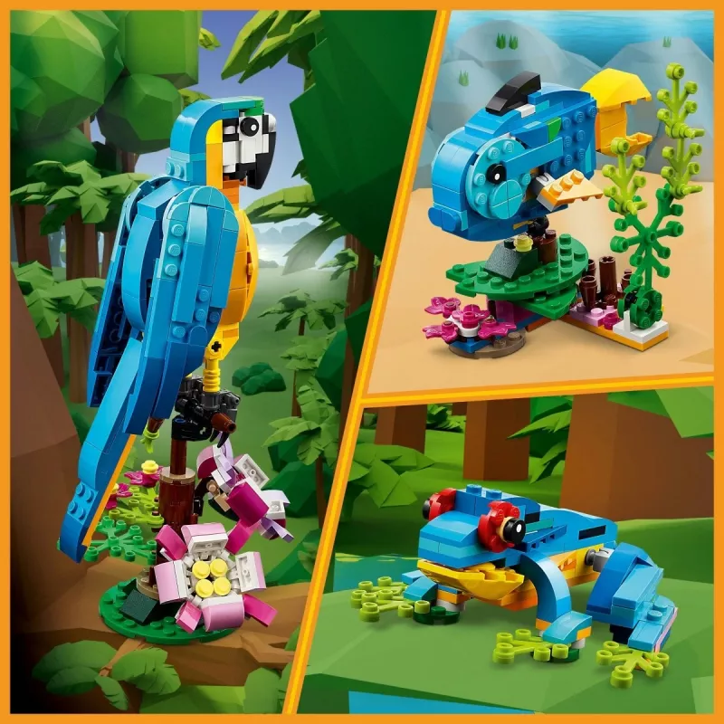 LEGO konstravimo rinkinys Egzotiška papūga 31136 — Creator parodomasis modelis, 253 dalys, 220×120×110 mm