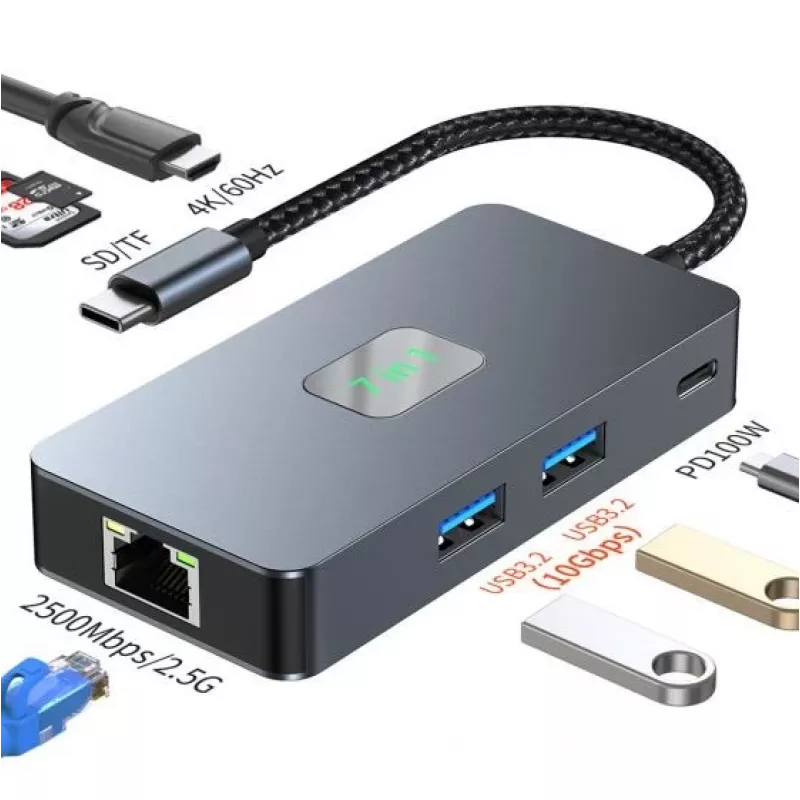 Tb Adapter Hub USB C (7w1) HDMI USB SD/tf RJ45 (2500 Mbps) Pd