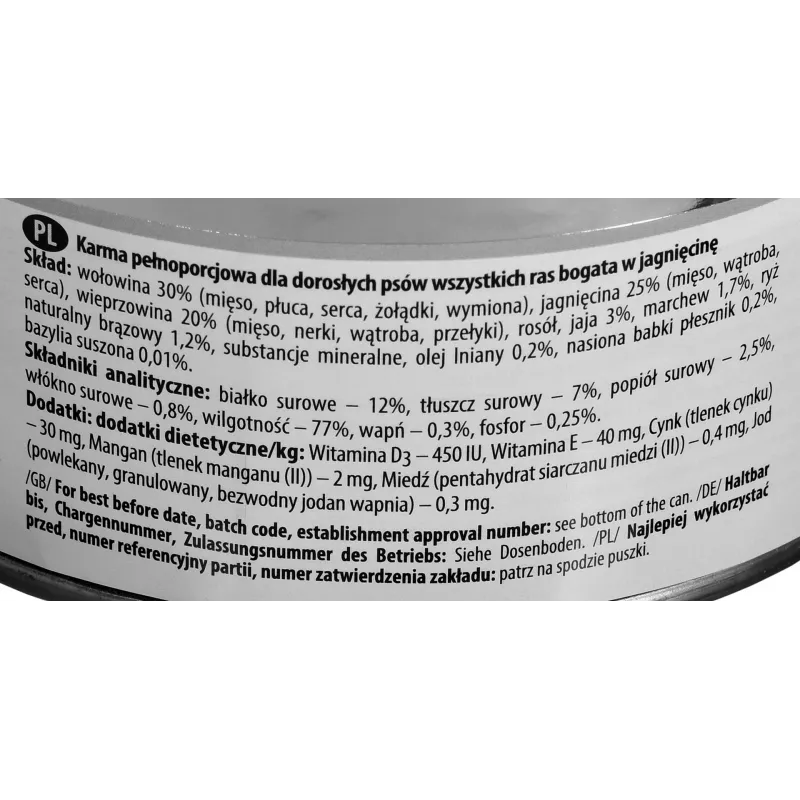 Šlapias šunų maistas Dolina Noteci Premium ėriena 800 g skardinė — be grūdų, suaugę šunys, baltymai 12%, drėgmė 77%