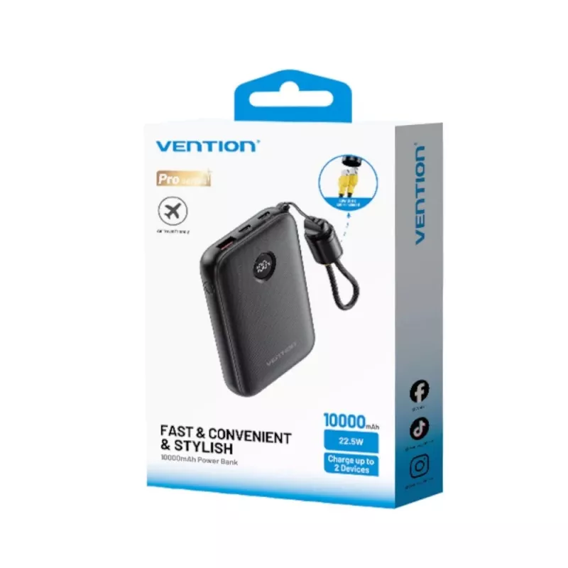 Išorinė baterija Vention FKAB0-C 10000 mAh, 2× USB-C + 1× USB-A, 22,5 W, juoda