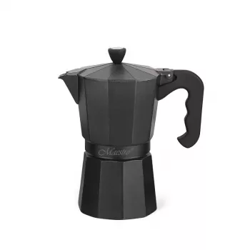 “Moka” kavos virimo aparatas Maestro MR-1666-6-Juoda — rankinis viryklės kavos virimo aparatas, 6 puodeliams, 300 ml, juodo aliuminio