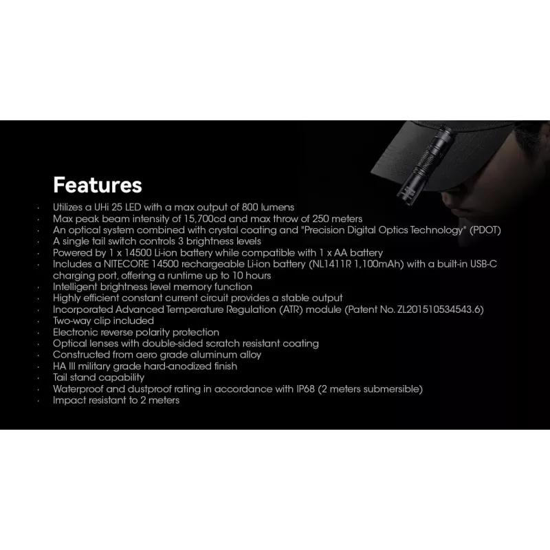 Rankinis žibintuvėlis Nitecore MT1A Pro — LED 50 lm, USB įkraunamas, 1100 mAh, aliuminis, atsparus vandeniui, atsparus smūgiams, juodas
