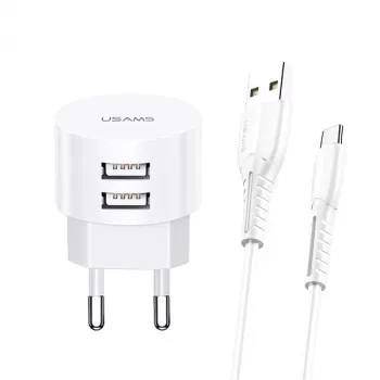usams XTXLOGT18TC05 įkroviklis su 2 USB prievadais ir integruotu USB‑C kabeliu, 2,1 A išvestis