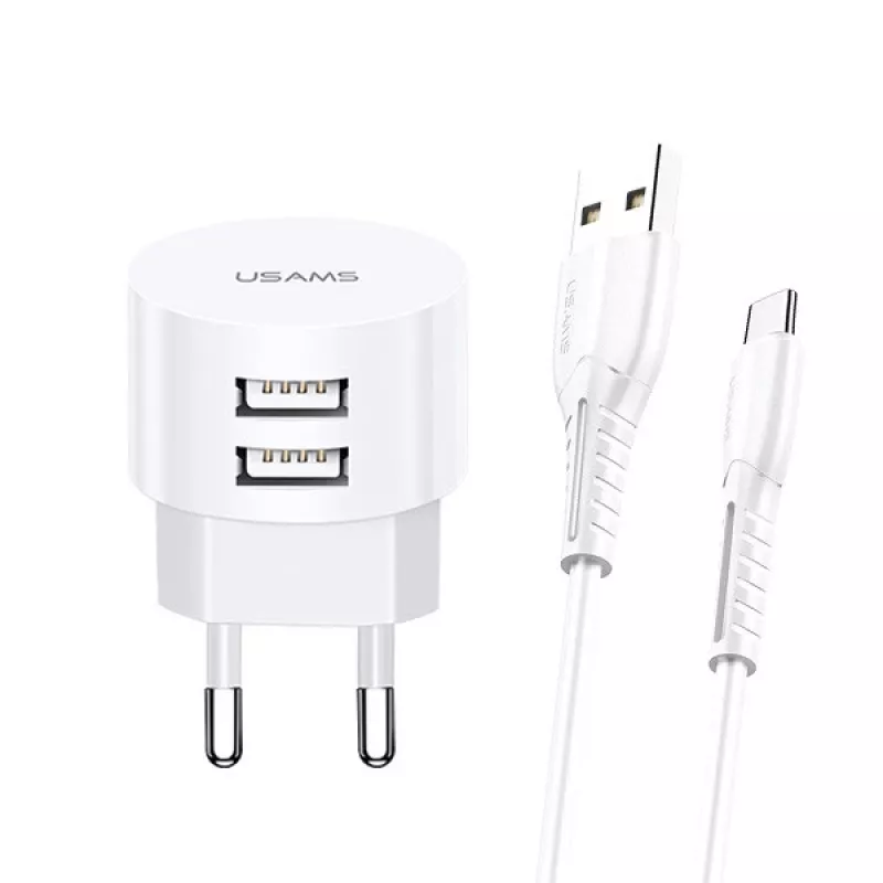 usams XTXLOGT18TC05 įkroviklis su 2 USB prievadais ir integruotu USB‑C kabeliu, 2,1 A išvestis