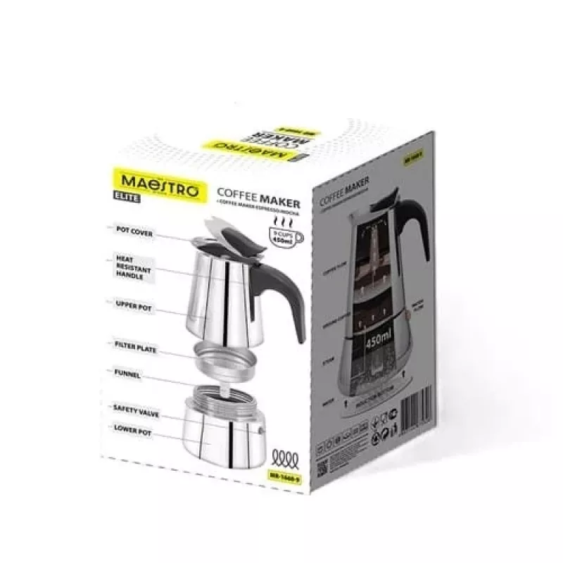 Moka pot Maestro MR-1660-9, kavos virimo aparatas ant viryklės 6 puodeliams, juodas