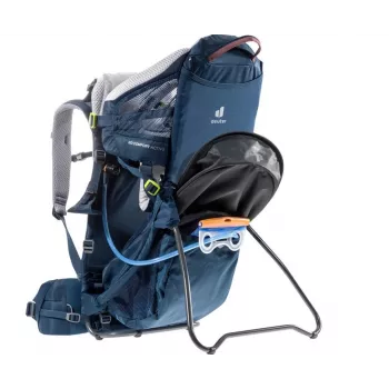 Vaikiška nešynė kuprinė DEUTER Kid Comfort Active — mėlyna, poliamidas, iki 22 kg, skėtis nuo saulės, kojų atrama, VariQuick, Lite Air
