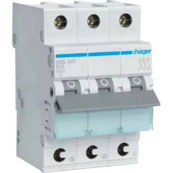Hager MBS325. Vardinė srovė: 25 A, kintamosios srovės įėjimo dažnis: 50/60 Hz. Tipas: B tipo, maksimalus modulių skaičius: 3 moduliai. Plotis: 52,5 mm, gylis: 70 mm, aukštis: 83,4 mm (MBS325)