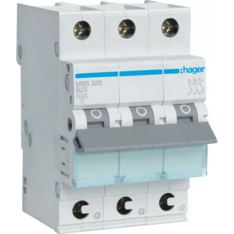 Hager MBS325. Vardinė srovė: 25 A, kintamosios srovės įėjimo dažnis: 50/60 Hz. Tipas: B tipo, maksimalus modulių skaičius: 3 moduliai. Plotis: 52,5 mm, gylis: 70 mm, aukštis: 83,4 mm (MBS325)