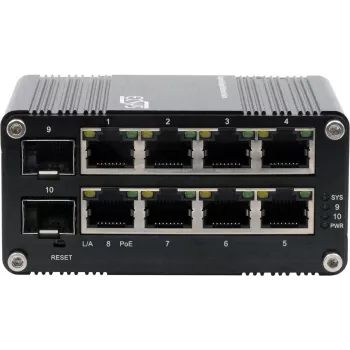 Pramoninis gigabitinio SFP PoE+ komutatorius Exsys EX-62035MPOE-SFP — 8 PoE+ prievadai + 2 SFP, valdomas per internetą