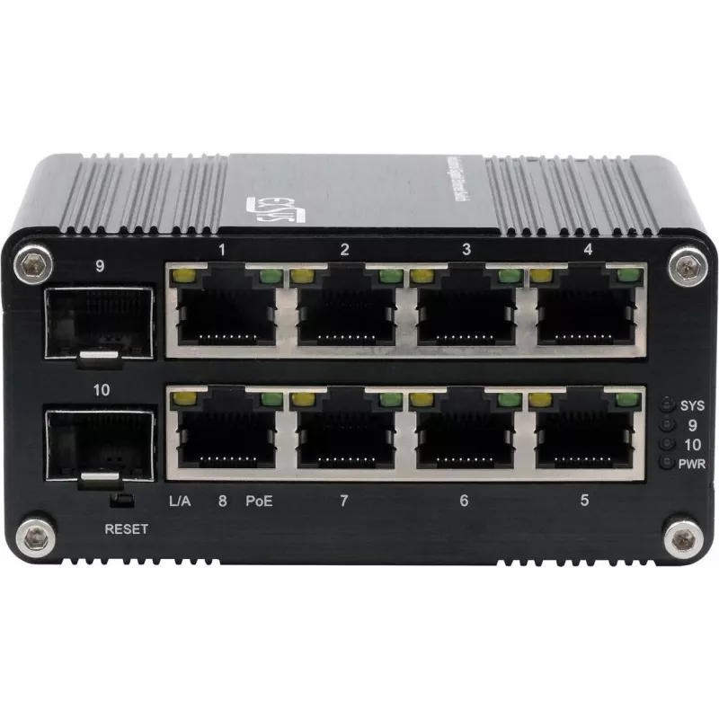 Pramoninis gigabitinio SFP PoE+ komutatorius Exsys EX-62035MPOE-SFP — 8 PoE+ prievadai + 2 SFP, valdomas per internetą