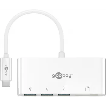 Goobay USB-C™ daugiafunkcis adapteris kortelių skaitytuvas, baltas, 0,15 m – išplečia USB-C™ įrenginį trimis USB 3.0 prievadais ir kortelių lizdu SD/MMC bei „Micro SD“ kortelėms (62097)