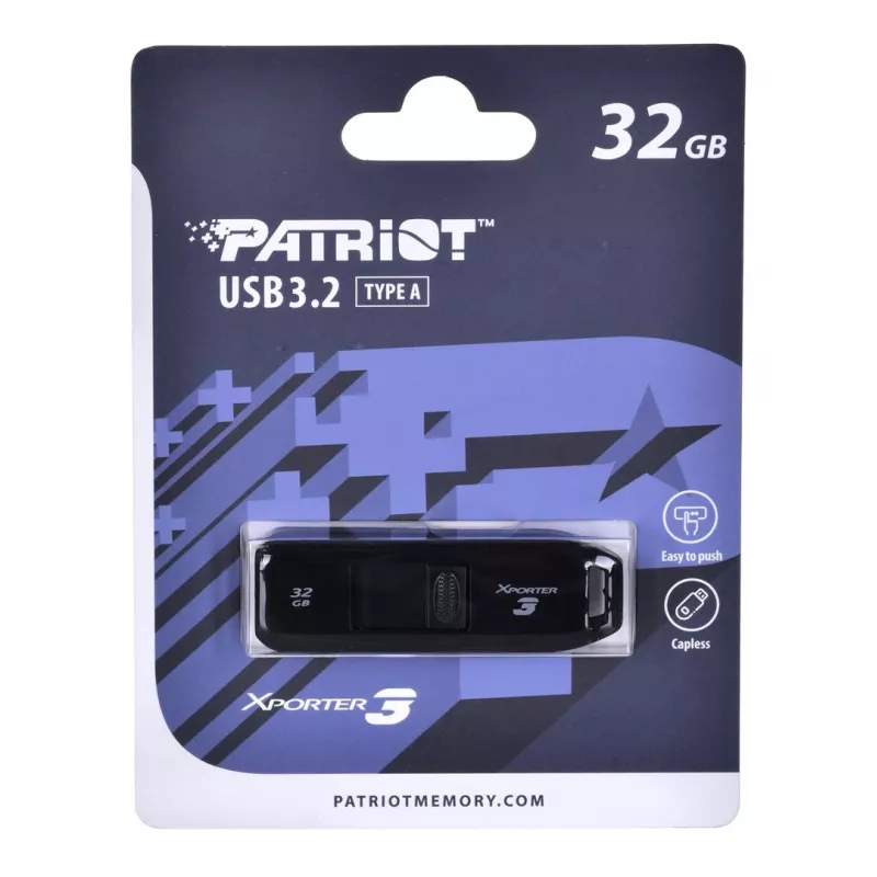 USB atmintukas PATRIOT Xporter 32 GB USB Type-A 3.2 Gen 1, skaitymo greitis 80 MB/s, slankioji konstrukcija, juodas