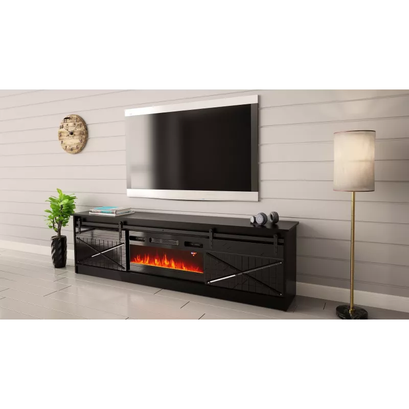 TV staliukas su židiniu Cama Meble GRANERO modelis — 200 x 56,7 x 35 cm, juoda/juoda blizgi, 2 durys, 2 lentynos, stumdomos durys, MDF/medžio drožlių plokštė