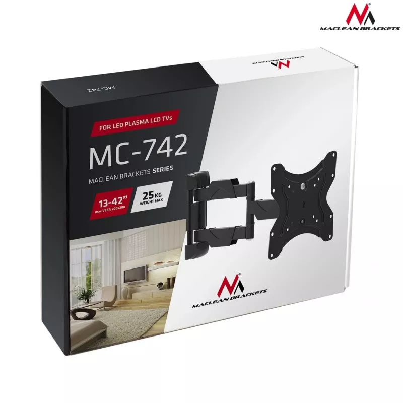 Sieninis televizoriaus laikiklis MACLEAN MC-742 iki 42 colių (106,7 cm), pakreipimas -12°/+12°, VESA 75x75–200x200, maks. apkrova 30 kg, juodas