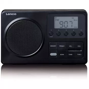 Nešiojamas radijas Lenco MPR-035BK — FM/AM, maitinimas iš tinklo ir baterijų, 2,5 colio LCD, 20 FM stočių atminties, 3,5 mm išvestis