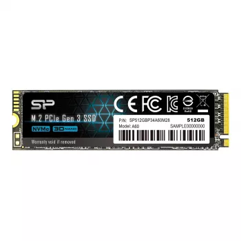 SSD M.2 NVMe Silicon Power P34A60 512 GB — PCIe, skaitymas 2200 MB/s, rašymas 1600 MB/s, NVMe 1.3