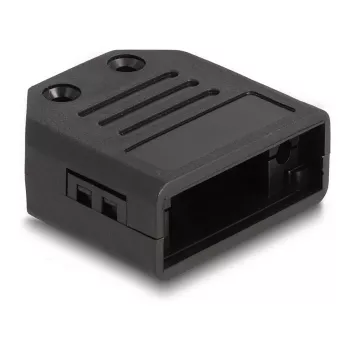 Kabelio gaubtelis DELOCK D-Sub korpusas 9 kontaktų kištukui/lizdui, plastikinis su traukos apsauga, 33,3×33,8×14,8 mm, juodas
