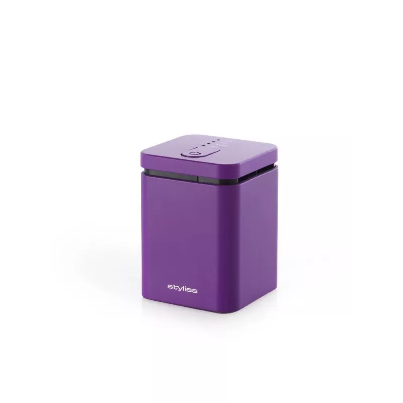 Garinis aromato difuzorius Stylies ELARAPURPLE patalpoms iki 25 m² — violetinis, stačiakampis, maitinimas per kintamos srovės adapterį / baterijas / USB, kvapų kasetė, 2 val. laikmatis, 74×74×100 mm, 1,3 W