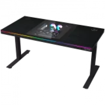Dviejų variklių reguliuojamo aukščio sėdėjimo/stovėjimo žaidimų stalas su įmontuotu kompiuterio korpusu, belaidžiu įkrovikliu, RGB apšvietimu, valdymo skydeliu ir USB prievadais, PB melamino paviršiaus stalviršis, juodas.