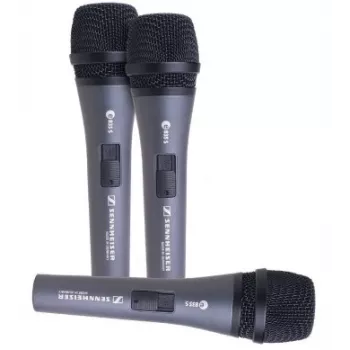 Sennheiser 3-PACK E835-S, mikrofonų rinkinys su 3x E 835 S, vokalinis mikrofonas, dinaminis, kardioidinis, I/O jungiklis, įskaitant mikrofonų laikiklius ir dėklus
