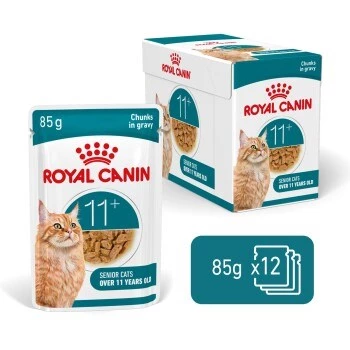 Šlapias kačių ėdalas Royal Canin FHN Ageing 11+ Gravy 12×85 g – pilnavertis drėgnas maistas vyresnio amžiaus katėms padėklėliuose