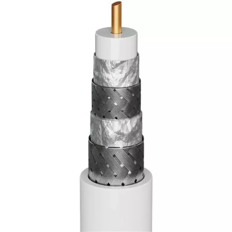 Goobay TV antenos kabelis (135 dB tipas), 4x ekranuotas, 10 m, juodas - paauksuotas, koaksialinis lizdas > koaksialinis kištukas (70389)