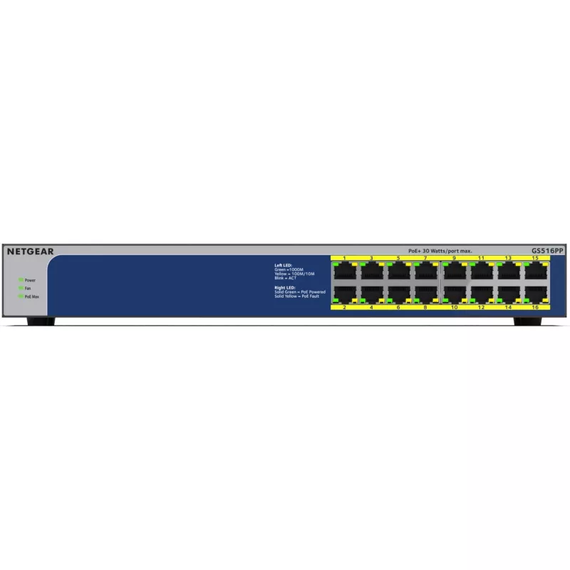 NETGEAR GS516PP Nevaldomas Gigabit Ethernet (10/100/1000) Power over Ethernet (PoE) Mėlyna, Pilka