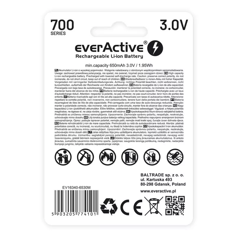 Įkraunama baterija everActive EV16340 700mAh 3V su Micro USB įkrovimu