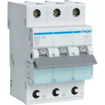 Hager MCS325. Vardinė srovė: 25 A, kintamosios srovės įėjimo dažnis: 50/60 Hz. Tipas: C tipo, modulių kiekis (maks.): 3 moduliai. Plotis: 52,5 mm, gylis: 70 mm, aukštis: 83,4 mm (MCS325)