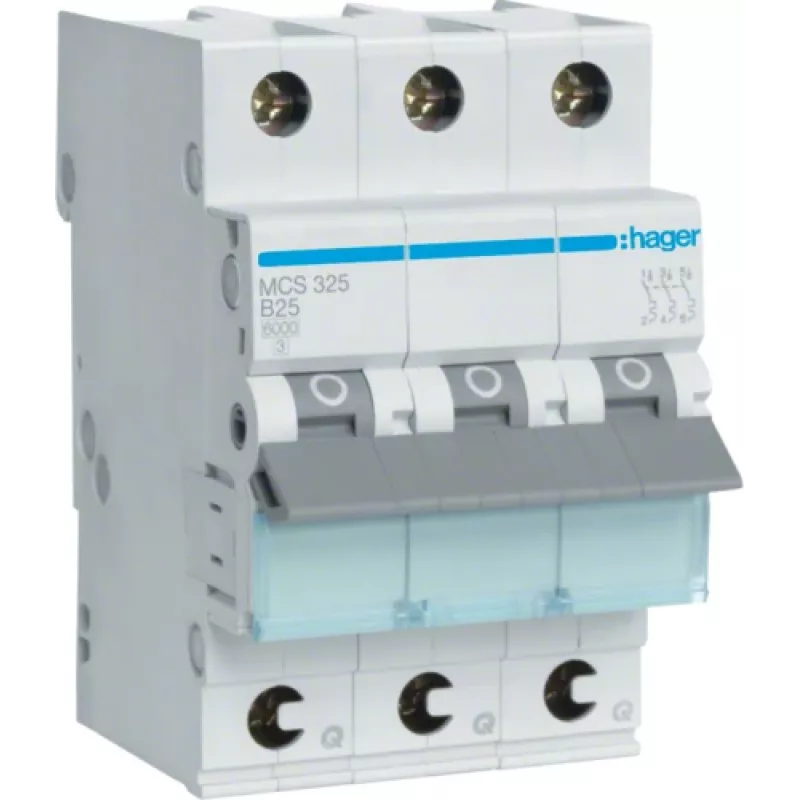 Hager MCS325. Vardinė srovė: 25 A, kintamosios srovės įėjimo dažnis: 50/60 Hz. Tipas: C tipo, modulių kiekis (maks.): 3 moduliai. Plotis: 52,5 mm, gylis: 70 mm, aukštis: 83,4 mm (MCS325)